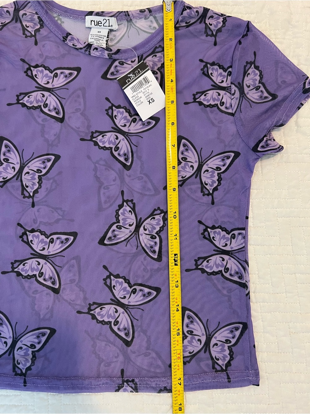 VTG Y2K Purple Butterfly Print Sheer Mesh Crop Top Baby Tee XS Festival Fairy - Picture 8 of 8